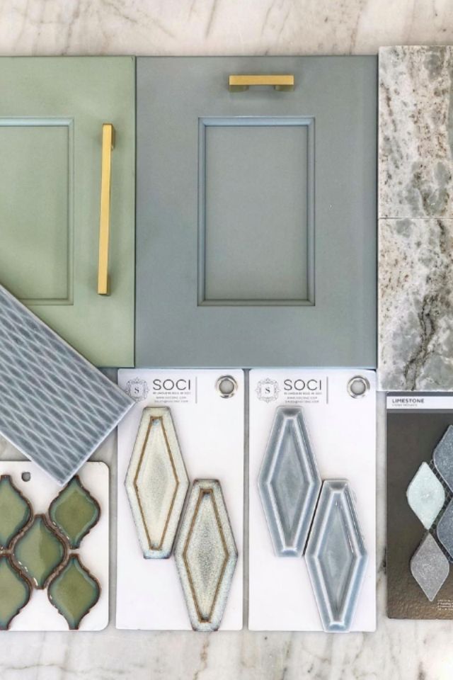 Green and blue mood board for bathroom update